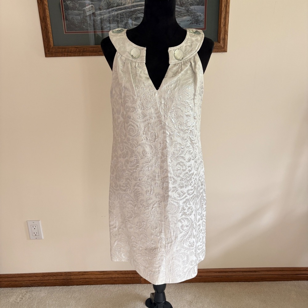 Steve Madden Cocktail Dress Womens 4 Silver Metallic Brocade Crystal Shift Party